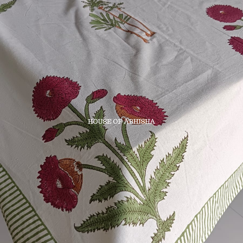 Red Marigold Handblock Printed South Cotton Table Cover