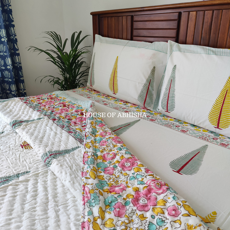 Bageecha Handblock Bedsheet + Quilt Combo Set