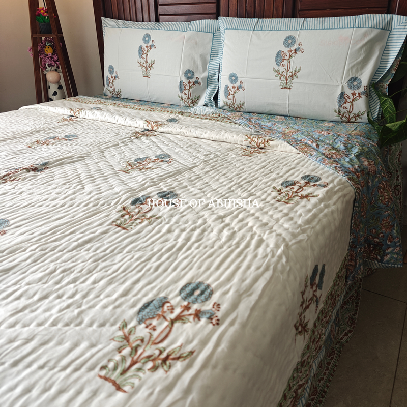 Aprajita Handblock Bedsheet + Quilt Combo Set