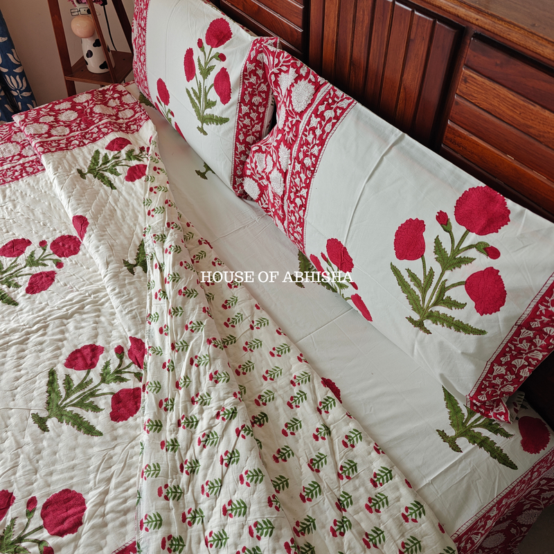 Gul-e-Bahar Handblock Bedsheet + Quilt Combo Set