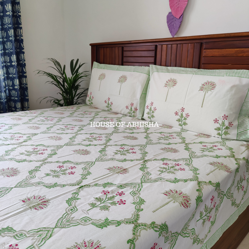 Garden Palm Hand Block Premium Bedsheet Set