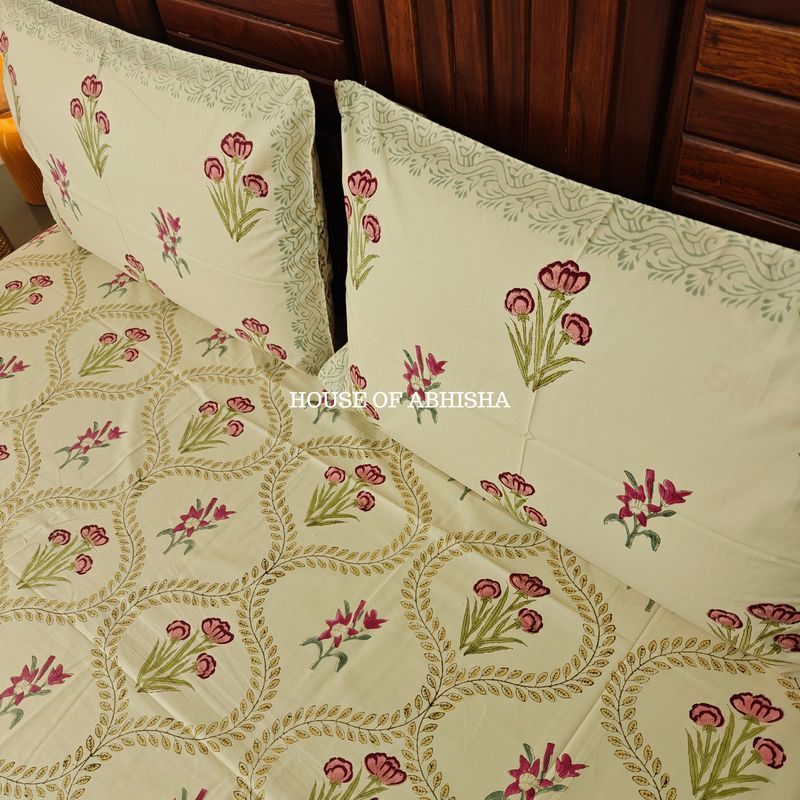 Bagh Buta Hand Block Premium Bedsheet Set (Beige Base)