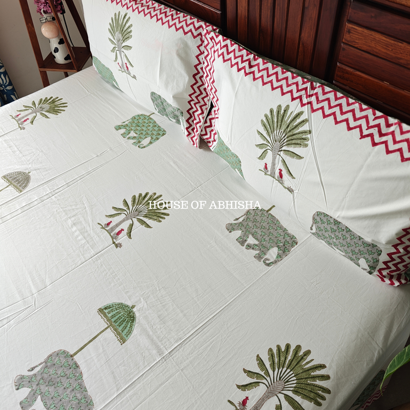Hathi Palm Hand Block Premium Bedsheet Set
