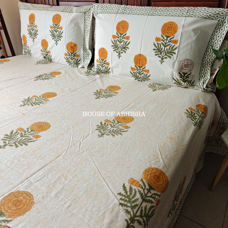 Genda Phool Hand Block Premium Bedsheet Set