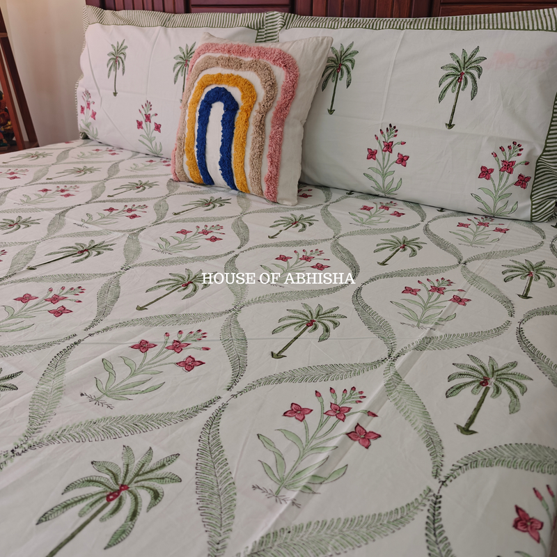 Palm & Petal Hand Block Premium Bedsheet Set