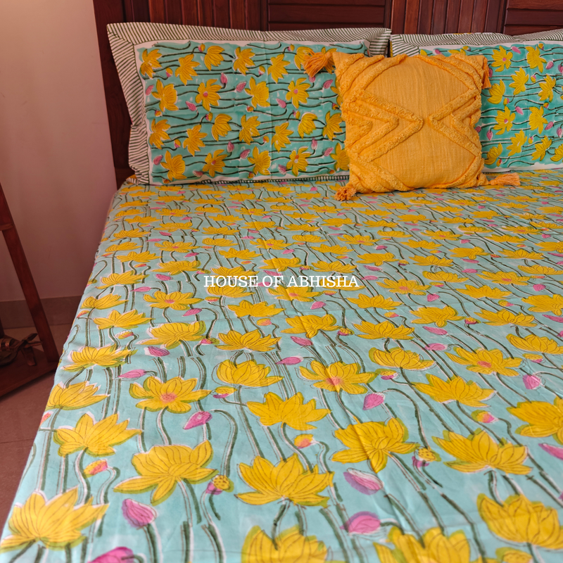Flora Hand Block Premium Bedsheet Set