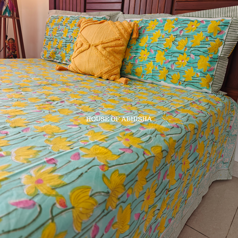 Flora Hand Block Premium Bedsheet Set