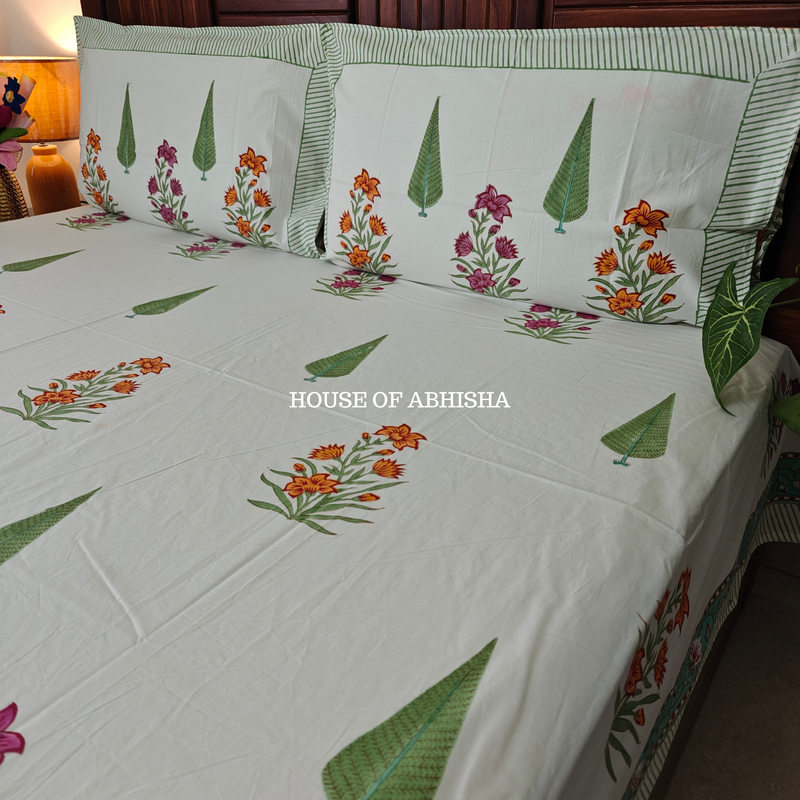 Kesar Bloom Hand Block Premium Bedsheet Set