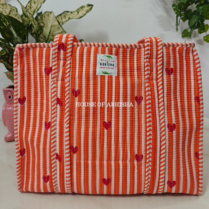 Orange Hearts Quilted Cotton Tote Bag