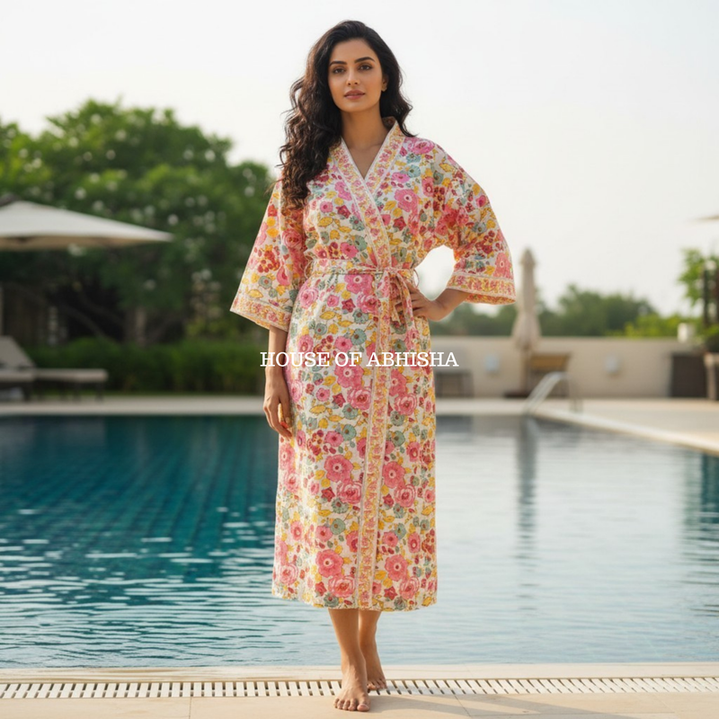 French Garden Handblock Printed Waffle Cotton Adult Bathrobe