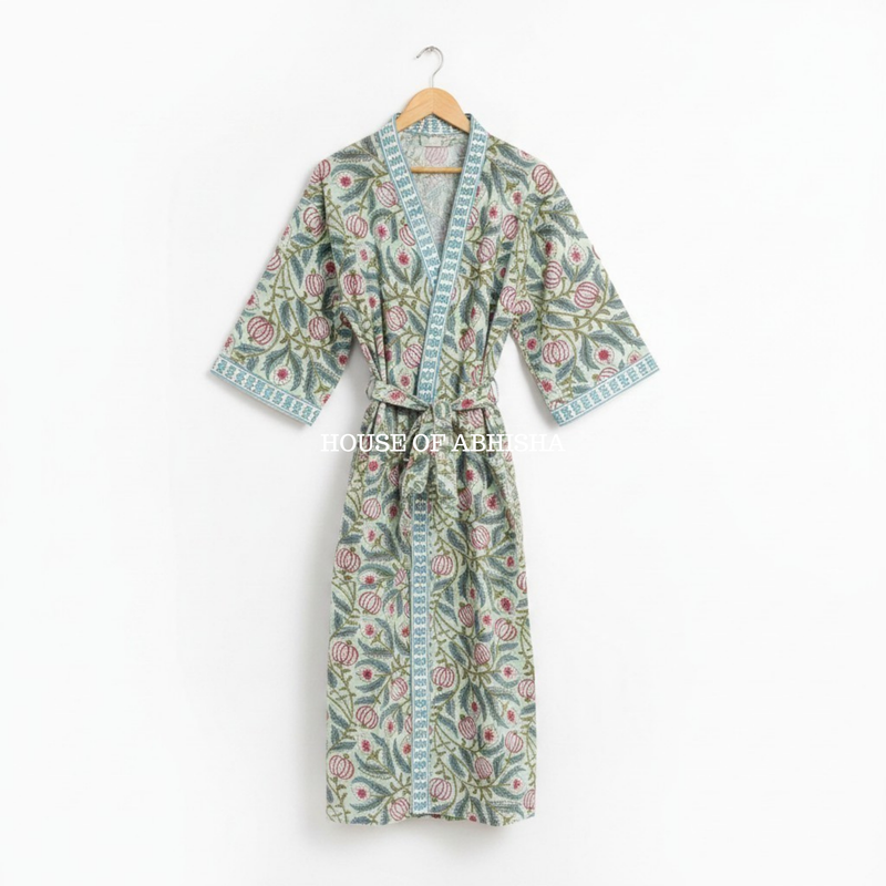 Mira Handblock Printed Waffle Cotton Adult Bathrobe