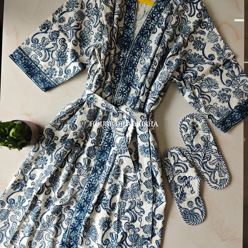 The Grove Handblock Printed Waffle Cotton Bathrobe with Matching Slippers