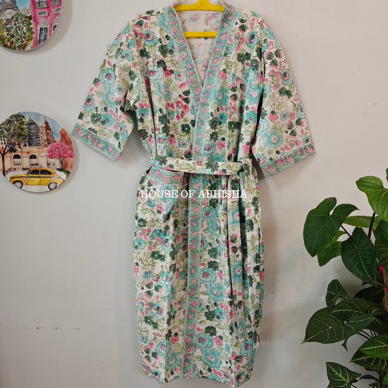 Petal Handblock Printed Waffle Cotton Adult Bathrobe