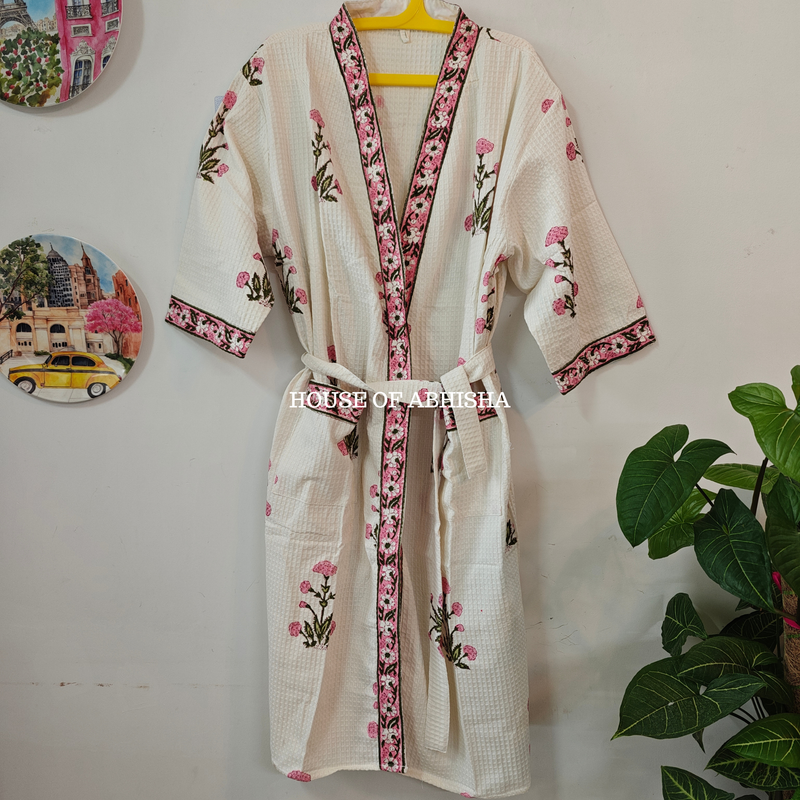 Pink Dahlia Handblock Printed Waffle Cotton Adult Bathrobe