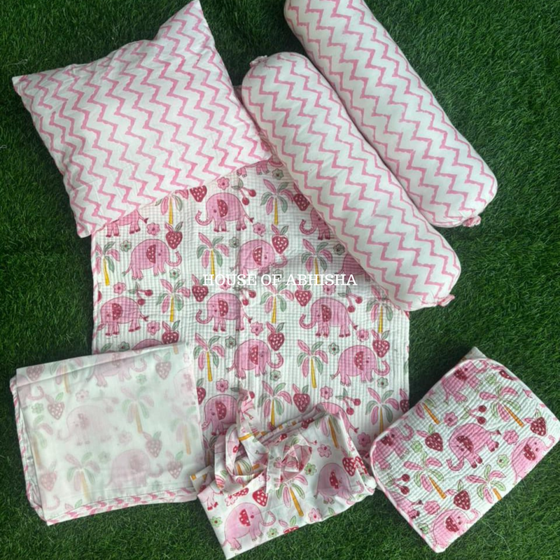 Pink Hathi Hand Block Printed Baby Bedding Set