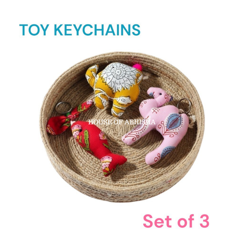 Hand Block Print Cotton Filled Toy Keychains – Set of 3 (Assorted)