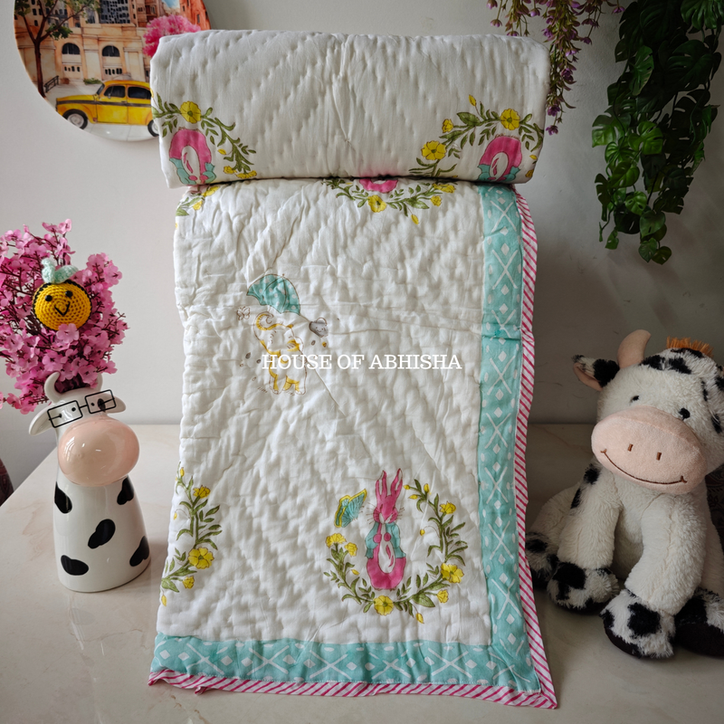 Tiny Rabbit Wonders Handblock Printed Mulmul Kids Quilt