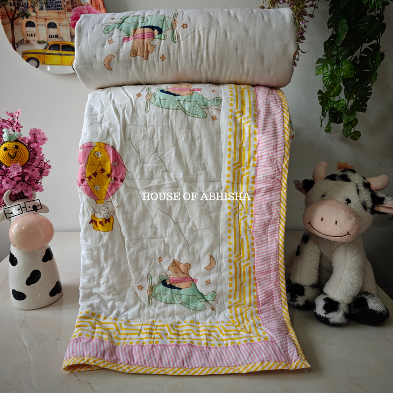 Bloom & Bunny Handblock Printed Mulmul Kids Quilt