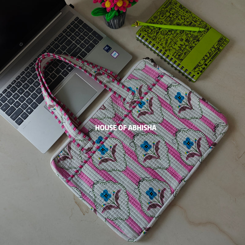 Gulnaar Handblock Printed Quilted Laptop Bag with Handles