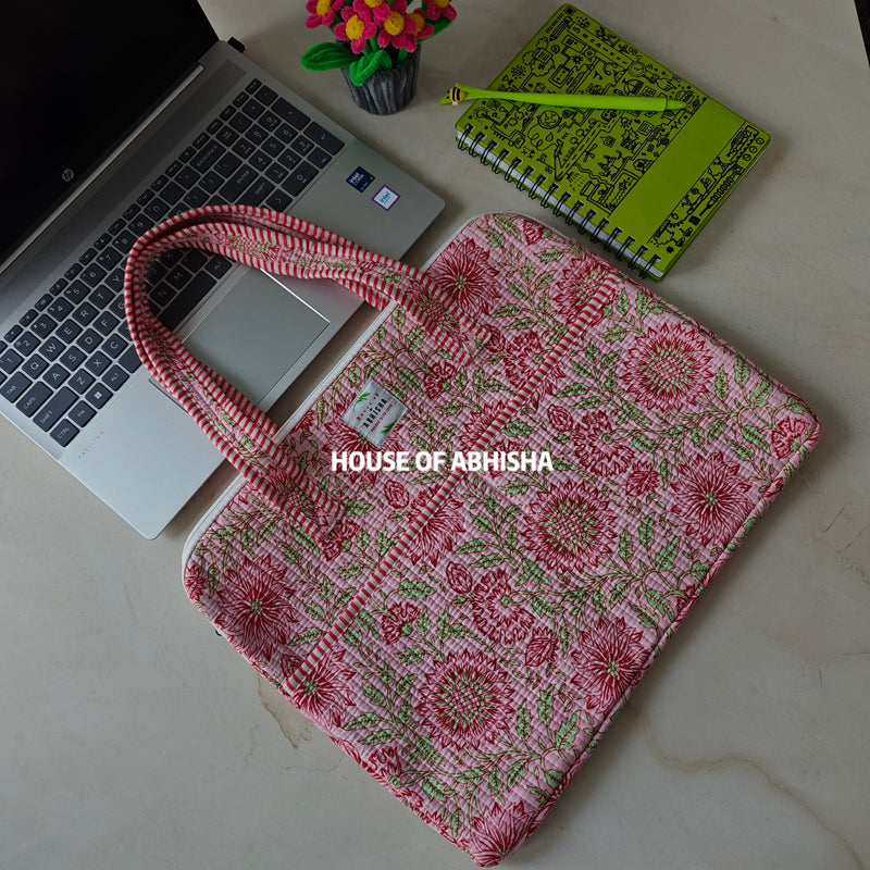 Kashish Handblock Printed Quilted Laptop Bag with Handles