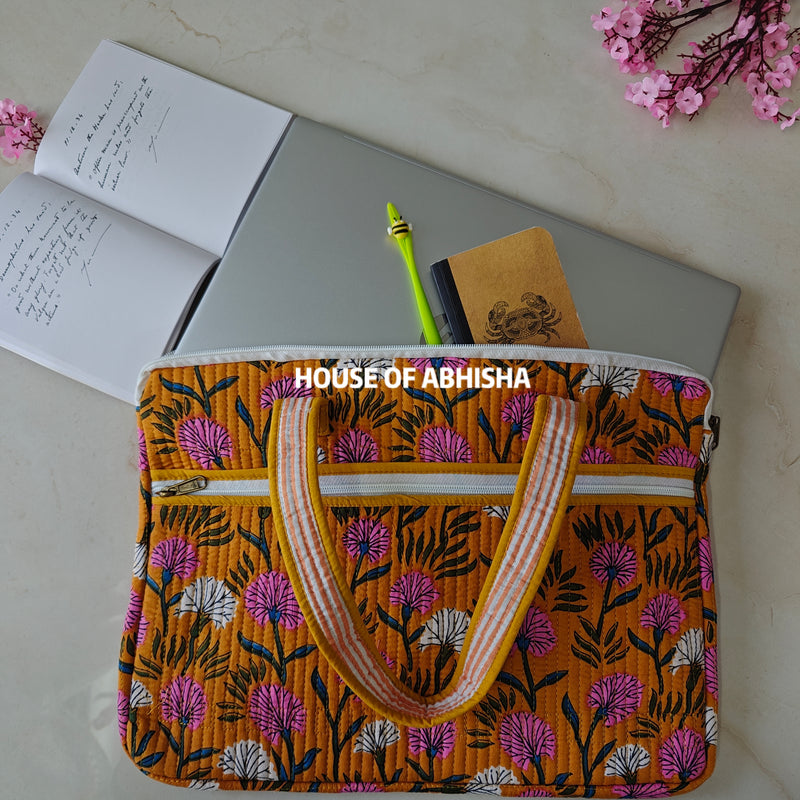 Bahar Handblock Printed Quilted Laptop Bag with Handles