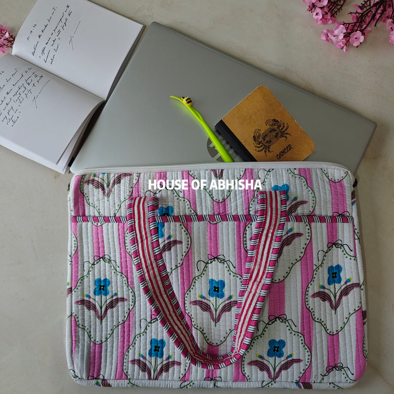 Gulnaar Handblock Printed Quilted Laptop Bag with Handles
