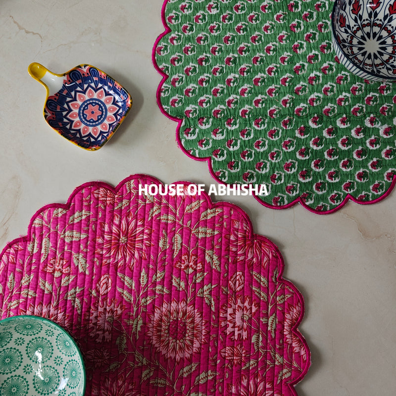 Bahar Handblock Printed Quilted Scalloped Table Mats – Set of 4