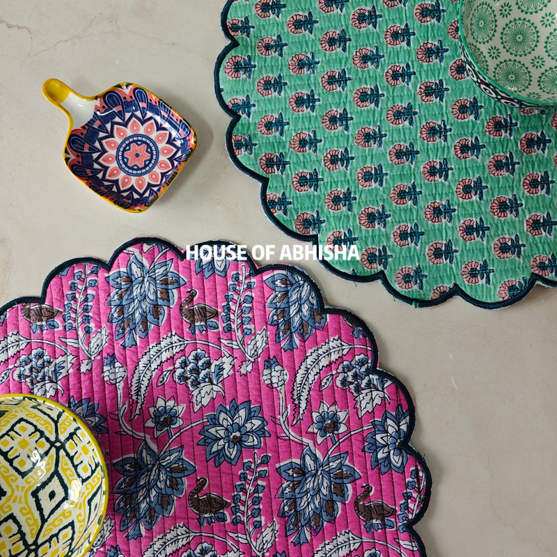 Madhubani Handblock Printed Quilted Scalloped Table Mats – Set of 4