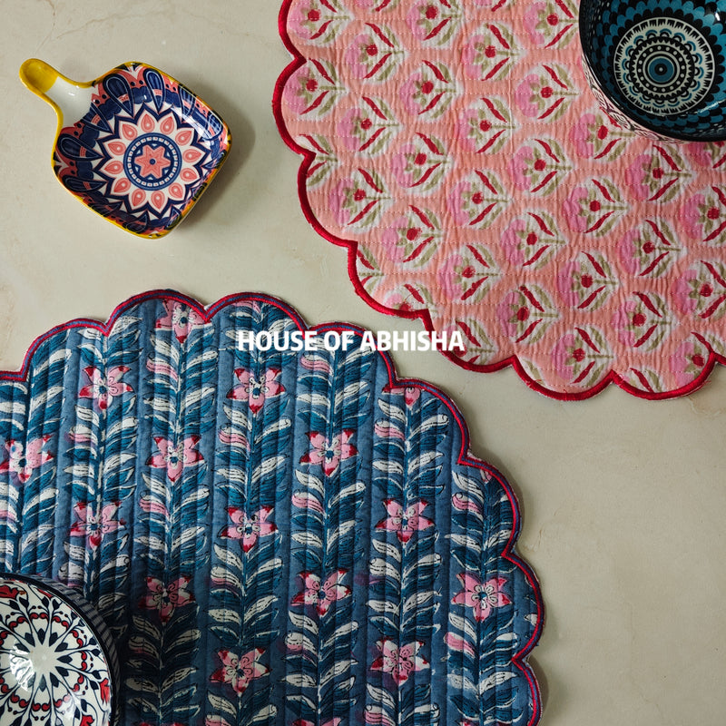 Tulip Handblock Printed Quilted Scalloped Table Mats – Set of 2