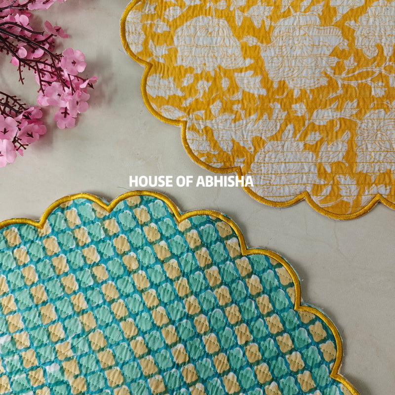 Musk Handblock Printed Quilted Scalloped Table Mats – Set of 2