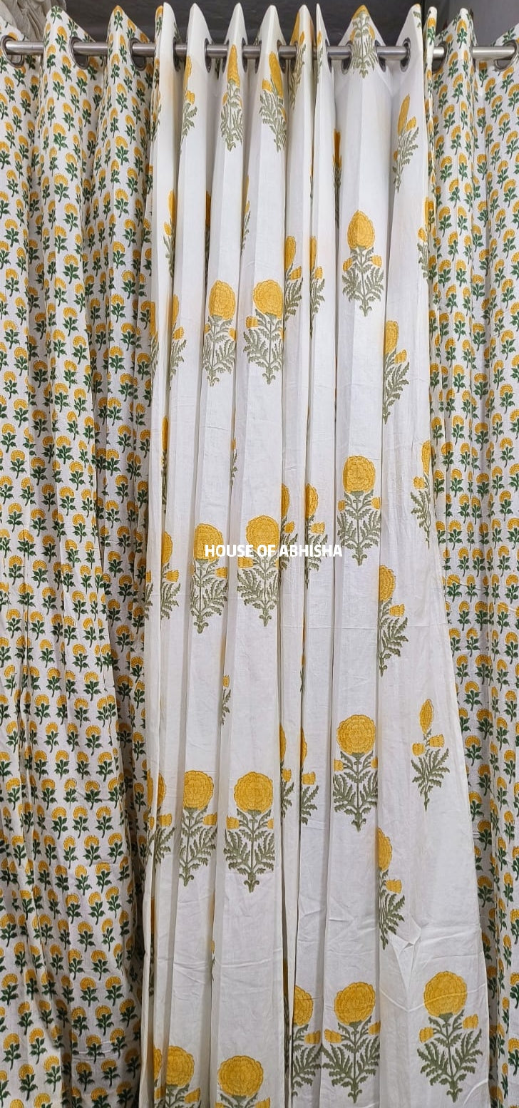 Yellow Marigold Handblock Printed Cotton Curtains