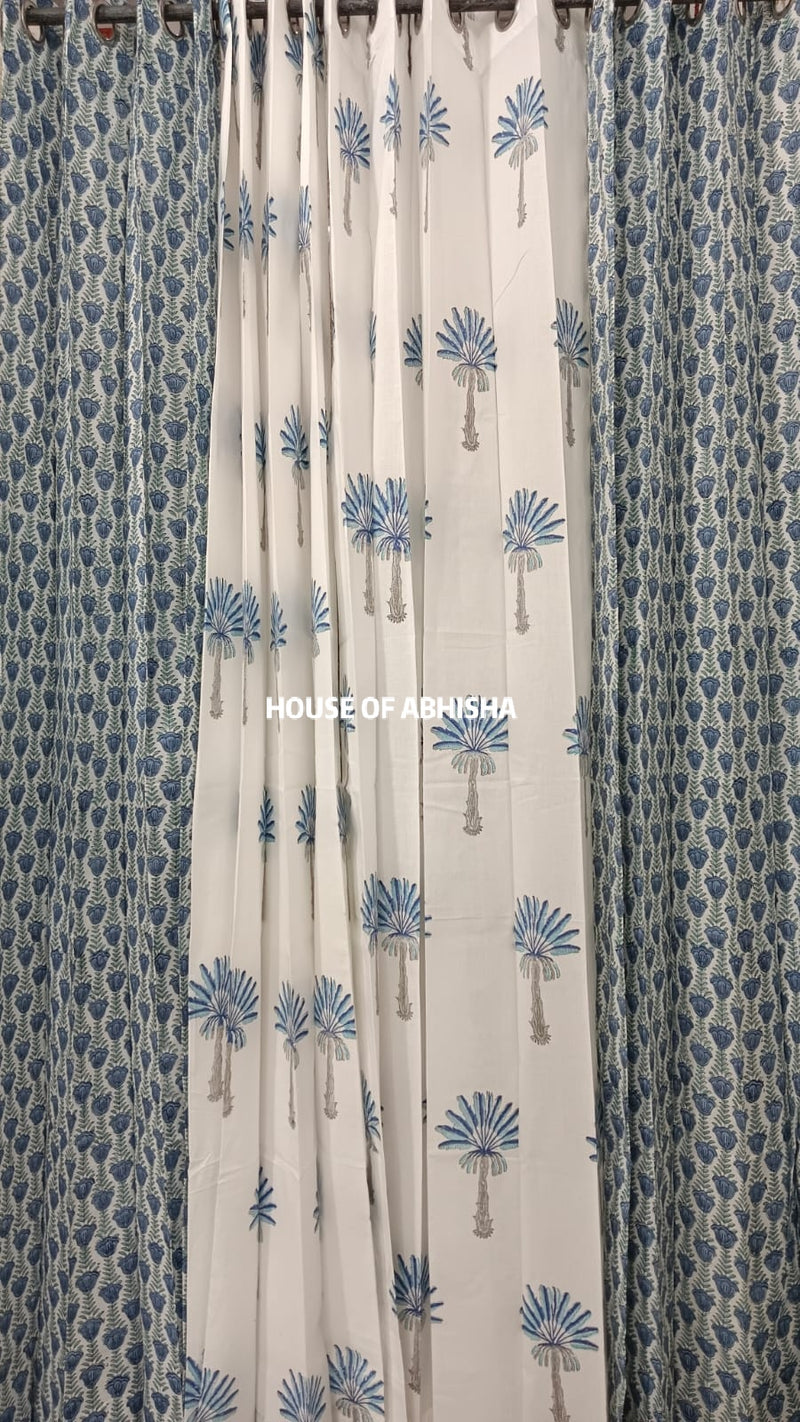 Blue Palm Handblock Printed Cotton Curtains