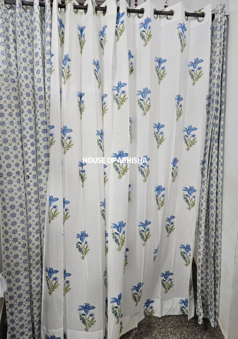 Blue Tulip Handblock Printed Cotton Curtains