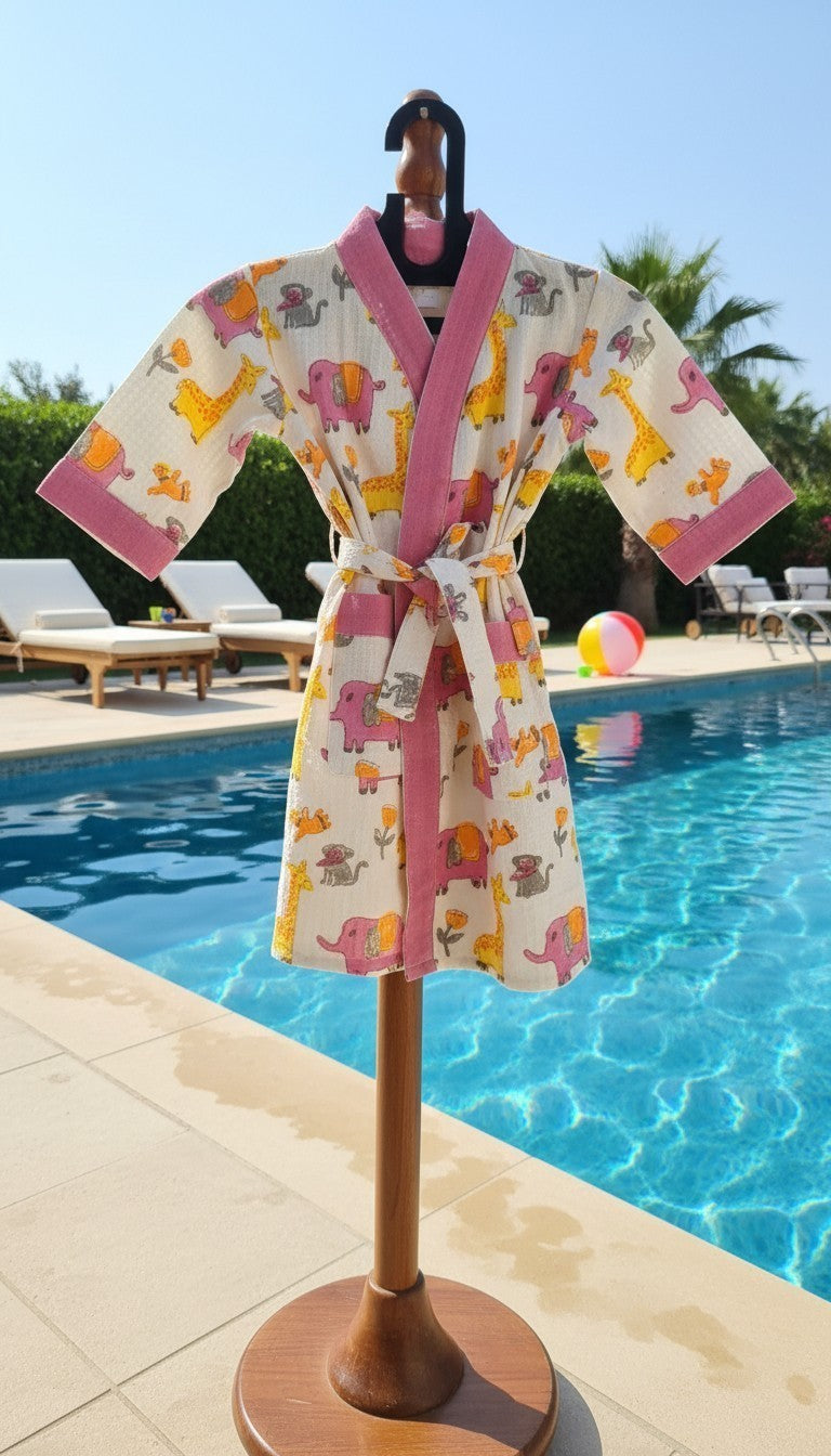 Jungle Book Handblock Printed Kids Waffle Cotton Bathrobe
