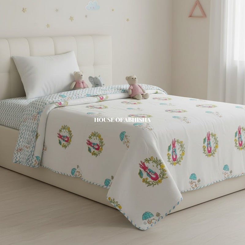 Bunny Handblock Printed Mulmul Kids Dohar / AC Blanket
