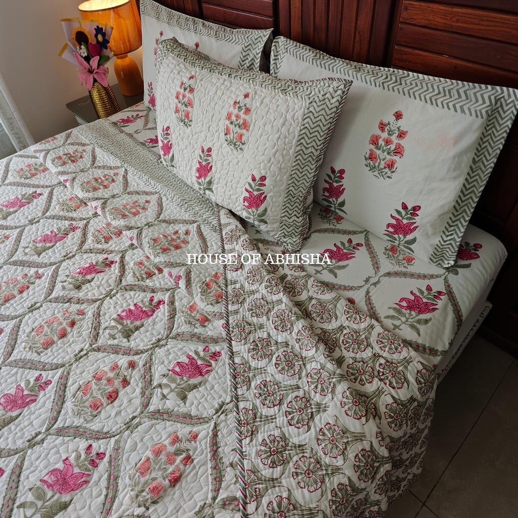 Rani Bagh Handblock Bedsheet + Quilted Bedcover Combo Set