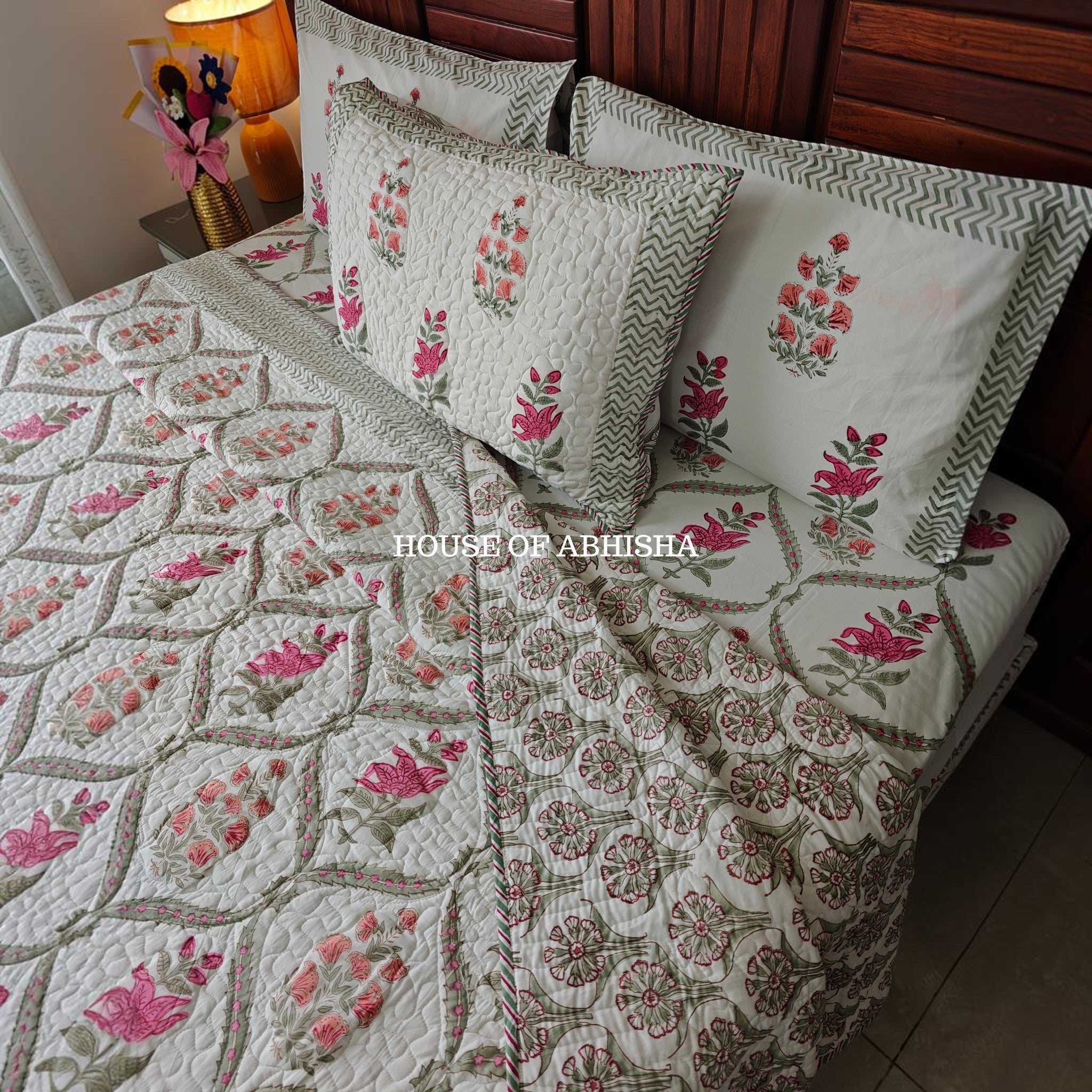 Rani Bagh Handblock Bedsheet + Quilted Bedcover Combo Set
