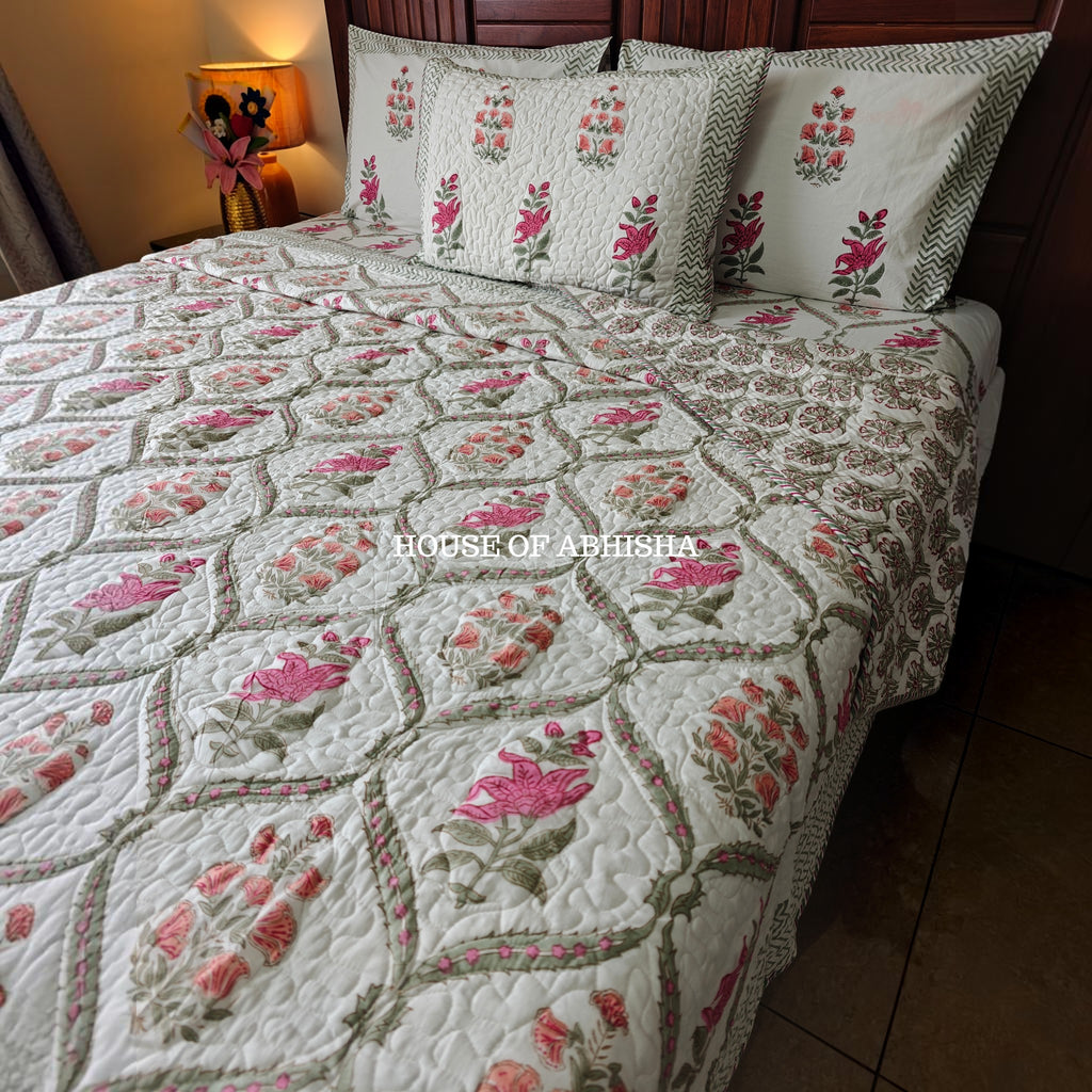 Rani Bagh Handblock Bedsheet + Quilted Bedcover Combo Set