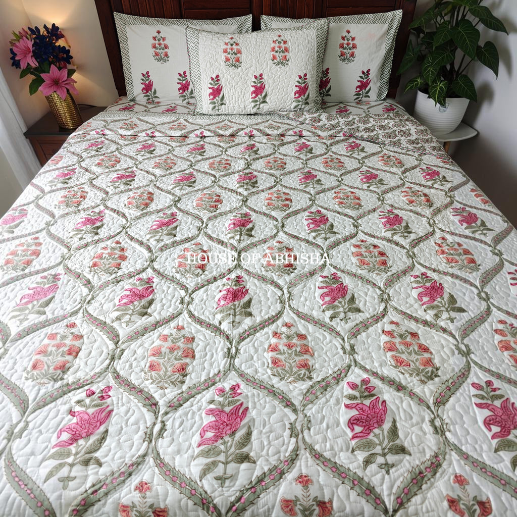 Rani Bagh Handblock Bedsheet + Quilted Bedcover Combo Set