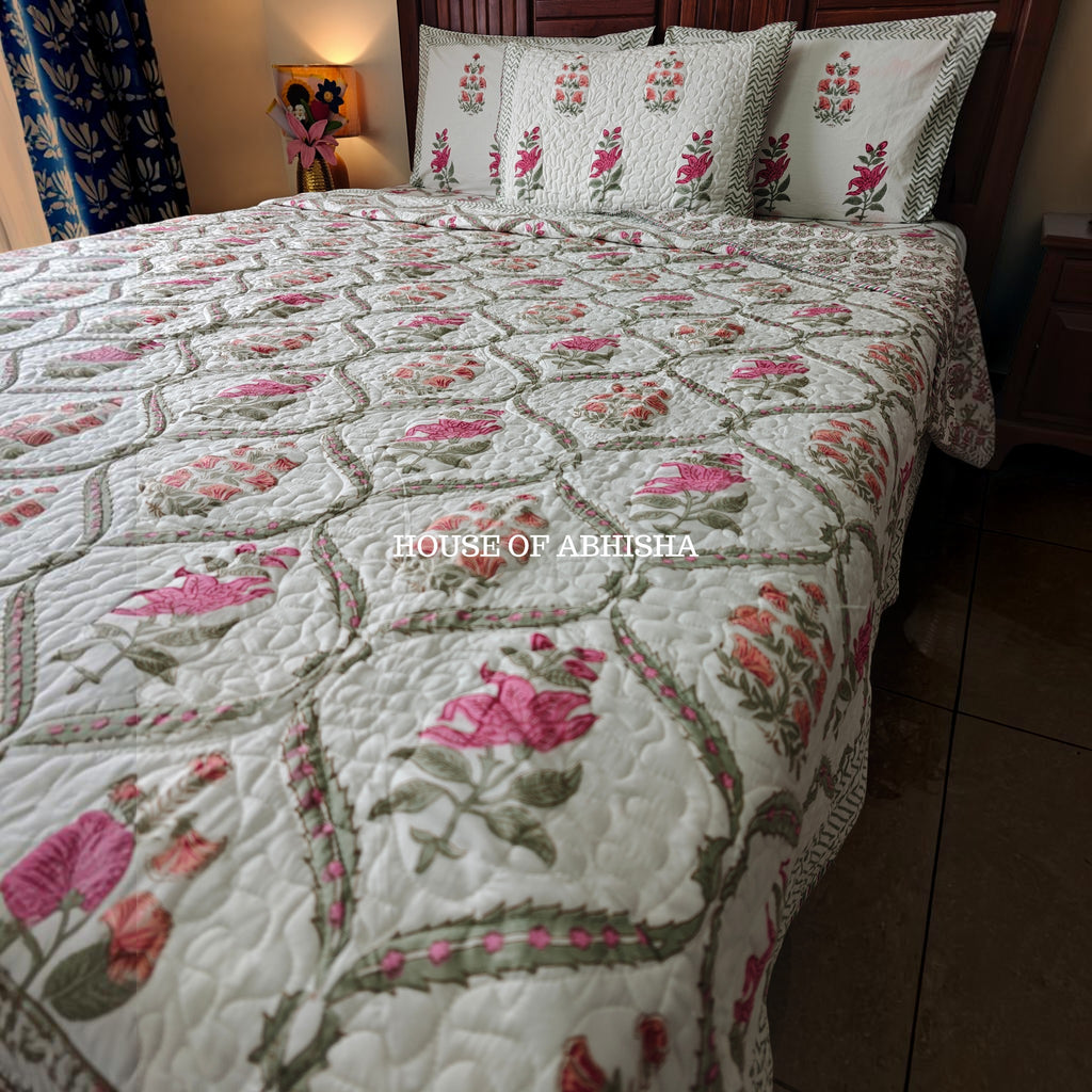 Rani Bagh Handblock Bedsheet + Quilted Bedcover Combo Set