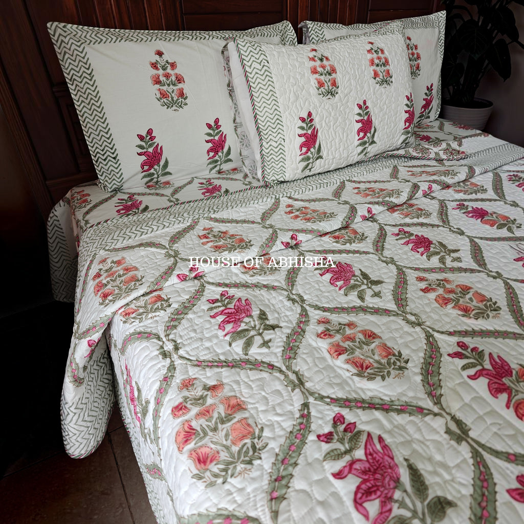 Rani Bagh Handblock Bedsheet + Quilted Bedcover Combo Set