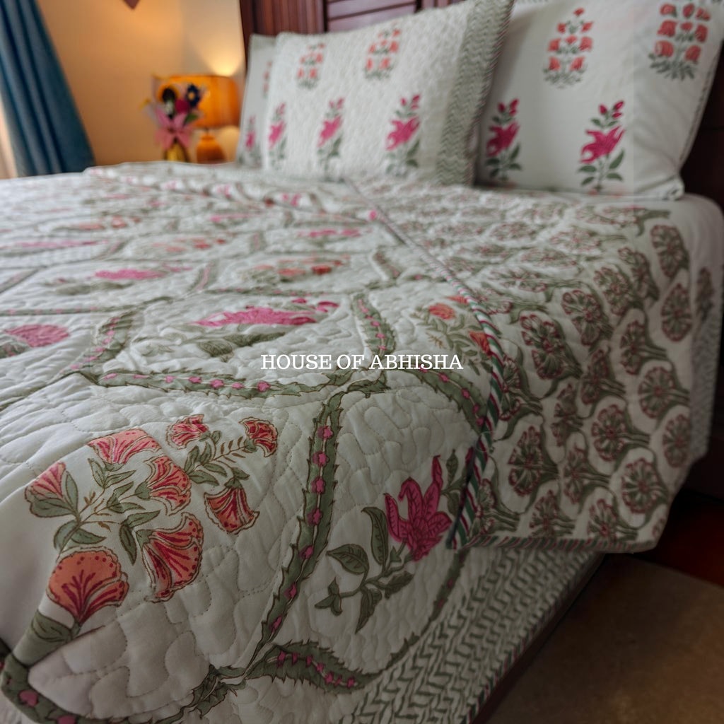 Rani Bagh Handblock Bedsheet + Quilted Bedcover Combo Set