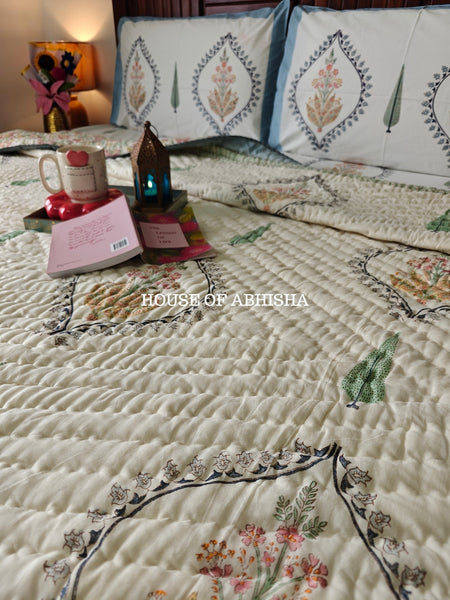 Mughal Bagh Handblock Bedsheet + Quilt Combo Set
