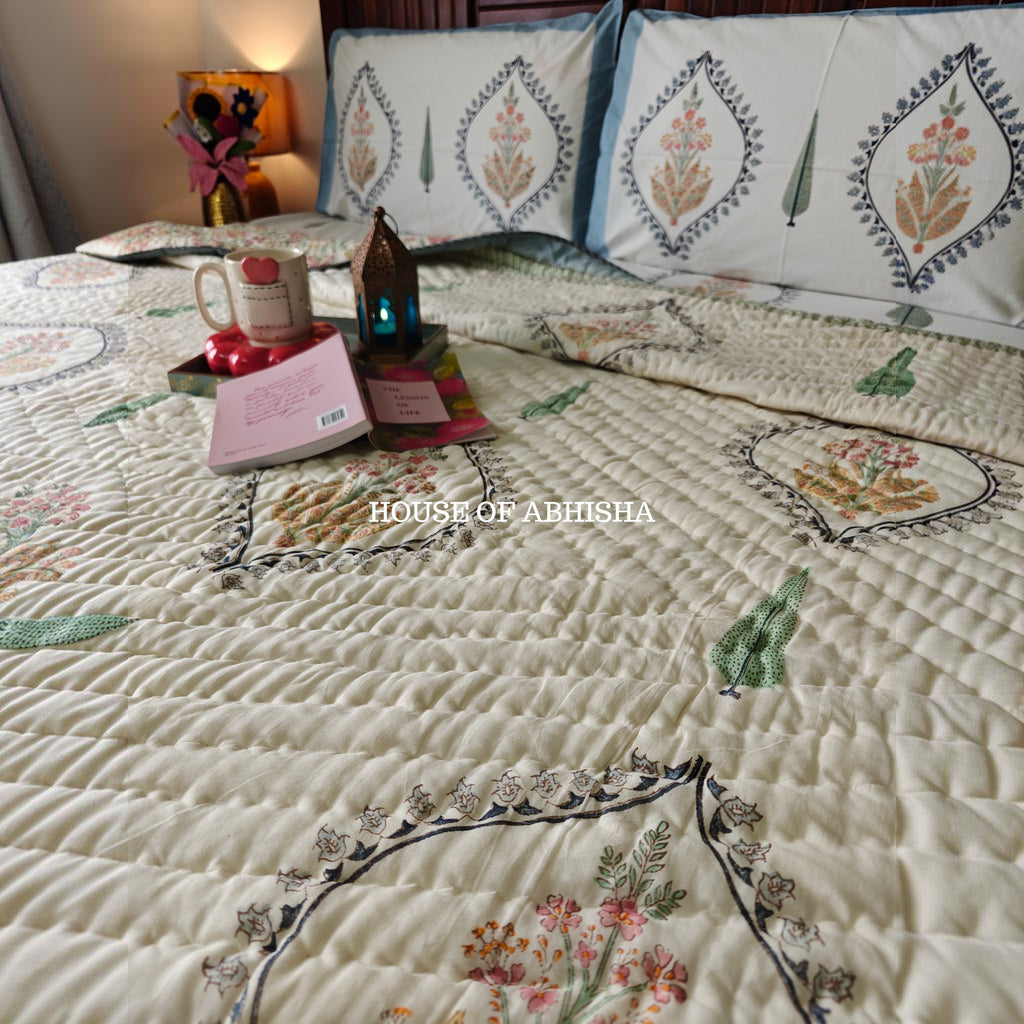 Mughal Bagh Handblock Bedsheet + Quilt Combo Set