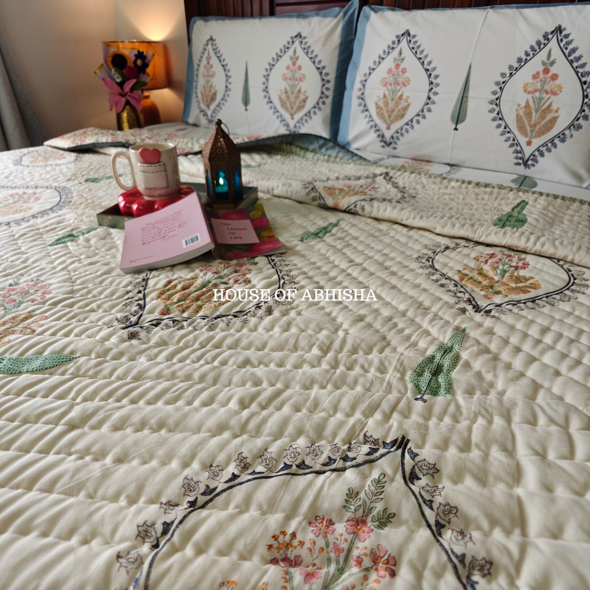 Mughal Bagh Handblock Bedsheet + Quilt Combo Set