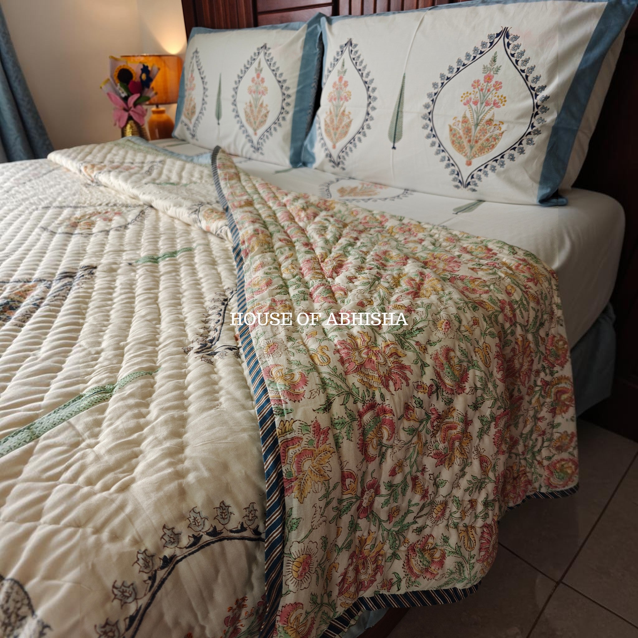 Mughal Bagh Handblock Bedsheet + Quilt Combo Set