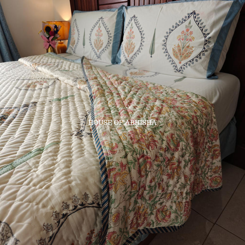 Mughal Bagh Handblock Bedsheet + Quilt Combo Set