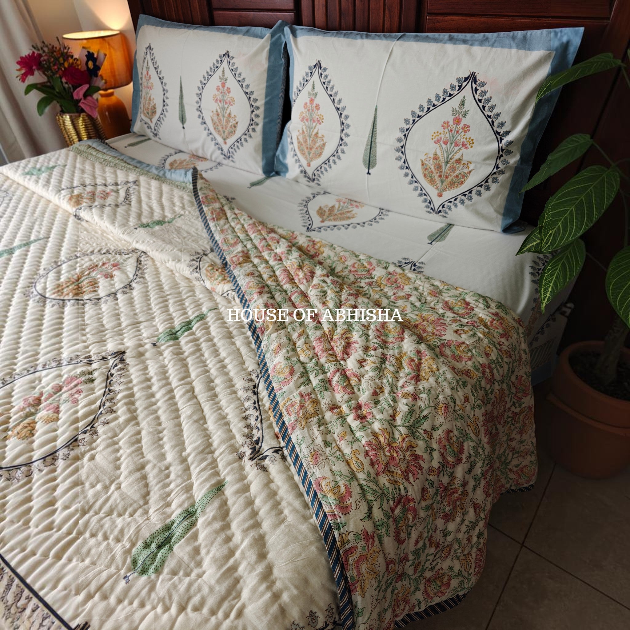Mughal Bagh Handblock Bedsheet + Quilt Combo Set