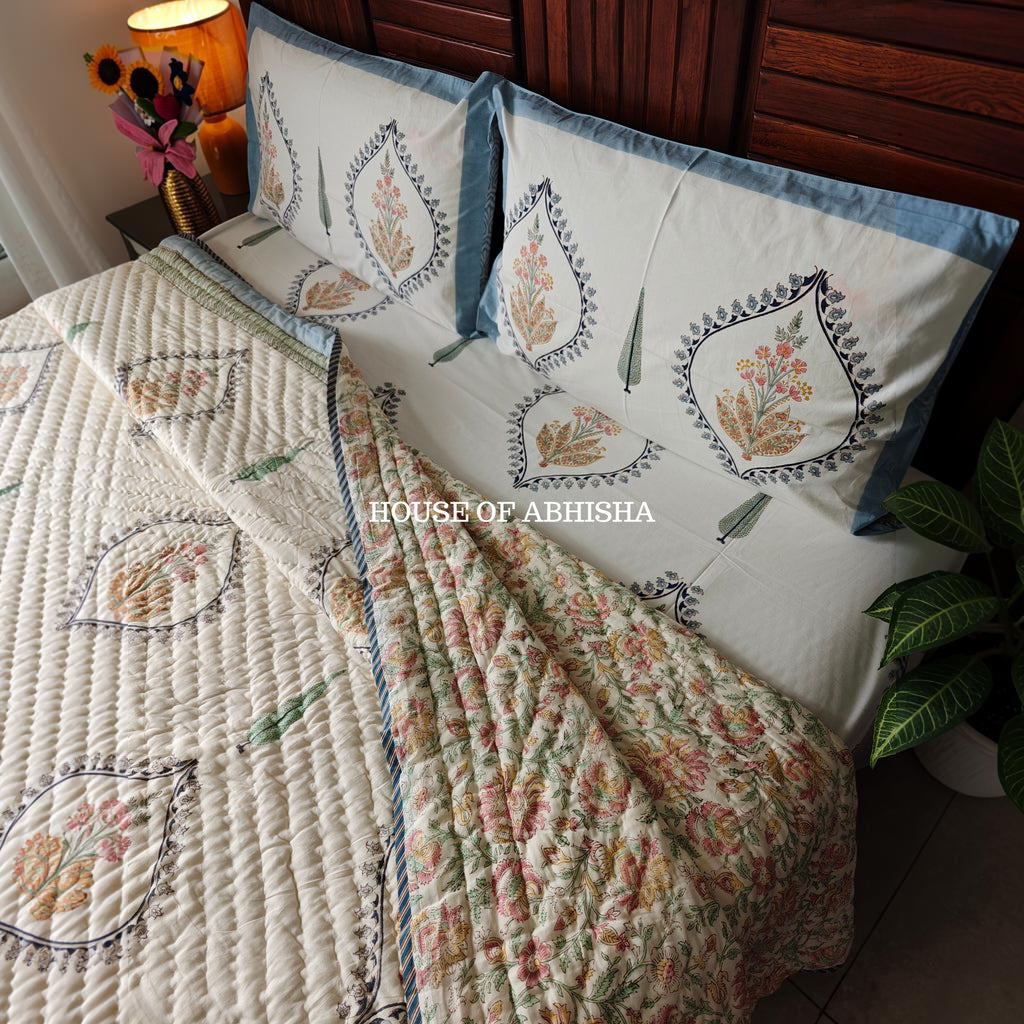 Mughal Bagh Handblock Bedsheet + Quilt Combo Set