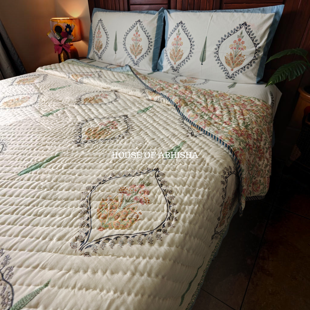 Mughal Bagh Handblock Bedsheet + Quilt Combo Set